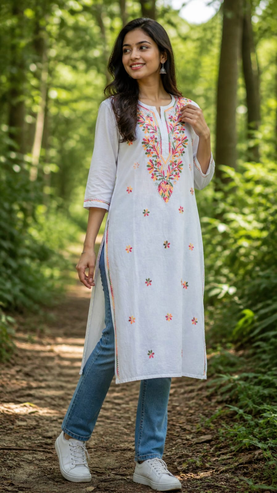 White premium chanderi  kurti with multi thread floral handcrafted Chikankari